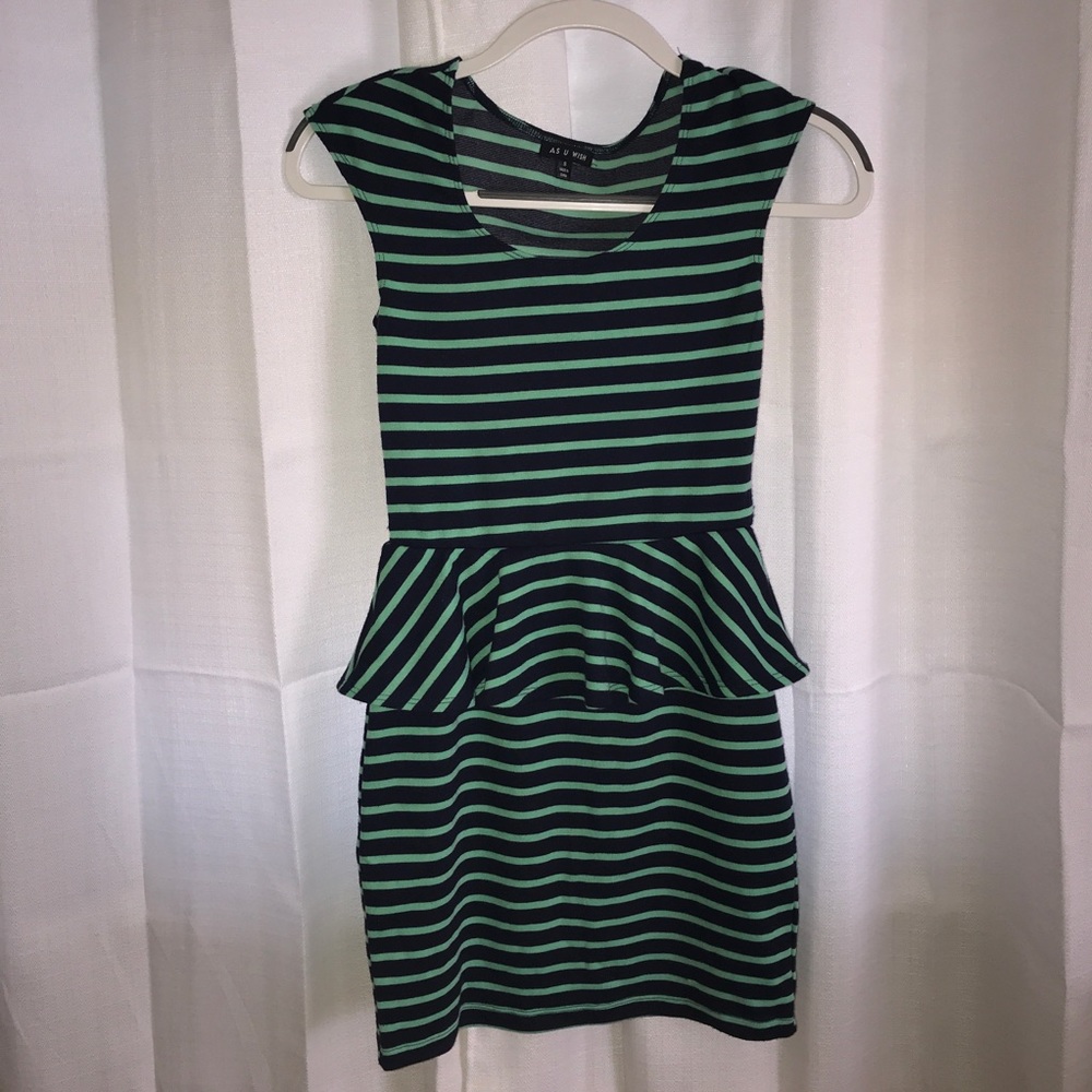 Macy’s peplum dress, striped teal & navy blue